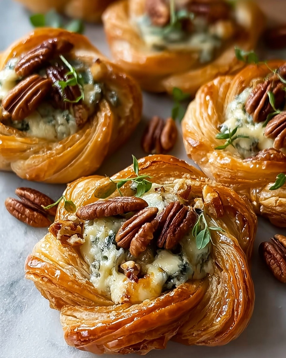 The image shows several flaky, golden-brown puff pastry nests with twisted edges, each holding a creamy white and blue-veined cheese filling in the center. On top of the cheese, there are whole and chopped pecans scattered along with small sprigs of fresh green herbs, adding a touch of color. The pastries have a shiny, glazed finish that highlights their crisp, layered texture. They are placed closely together on a smooth surface with a white marbled texture in the background. Photo taken with an iphone --ar 4:5 --v 7