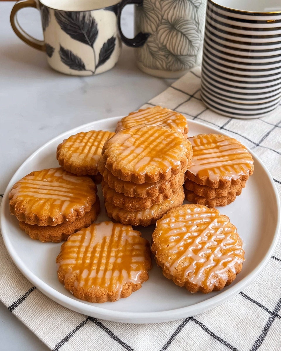 A white plate holds a neat stack of round cookies with scalloped edges, each cookie showing a shiny golden brown color with a crisscross pattern pressed into the surface. The cookies appear slightly thick and have a smooth glaze that reflects light. The plate is set on a white marbled surface covered partially by a cream cloth with thin black grid lines. In the background, there are three mugs with different patterns: two with leaf designs and one with black stripes, all in muted colors, adding a cozy feeling to the scene. Photo taken with an iphone --ar 4:5 --v 7