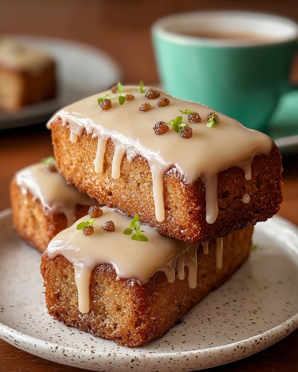 Three rectangular golden brown cakes are stacked on a white speckled plate, each covered with a thick, creamy beige glaze that drips down the sides smoothly. Small brown round toppings and tiny green herb leaves are sprinkled on top, adding color and texture contrast. The cakes have a moist and slightly rough surface beneath the glaze, showing their dense texture. In the blurred background, there is a teal coffee cup and saucer on a white marbled surface, creating a cozy setting. Photo taken with an iphone --ar 4:5 --v 7