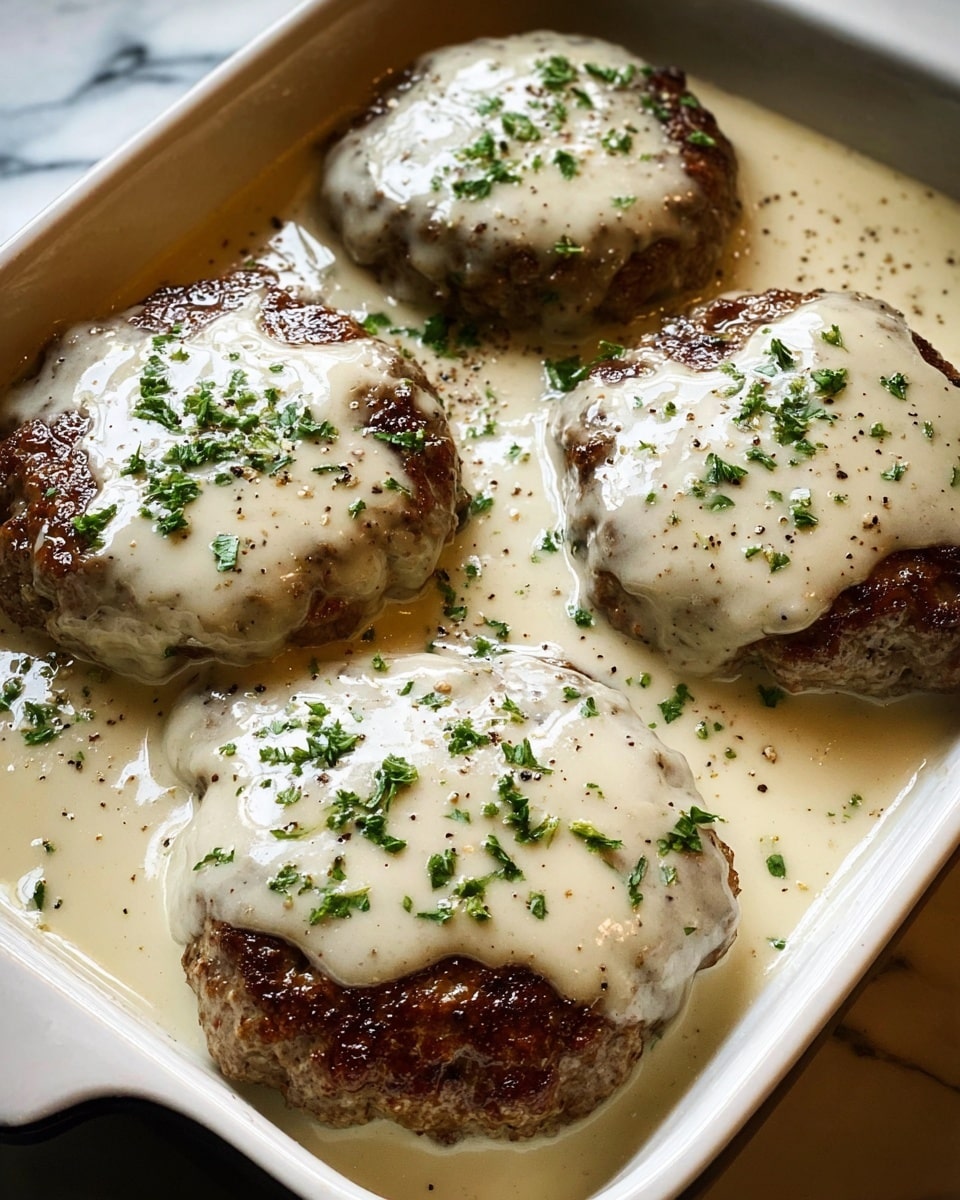 The image shows four browned patties placed closely together in a white rectangular dish. Each patty is covered with a thick, creamy white sauce that has a shiny, smooth texture. The sauce pools around the bases of the patties, filling the dish. On top of each patty and sauce layer, there is a sprinkling of finely chopped green herbs and a light dusting of black pepper. The dish rests on a surface with a white marbled texture, and the overall look suggests a warm, comforting meal. photo taken with an iphone --ar 4:5 --v 7