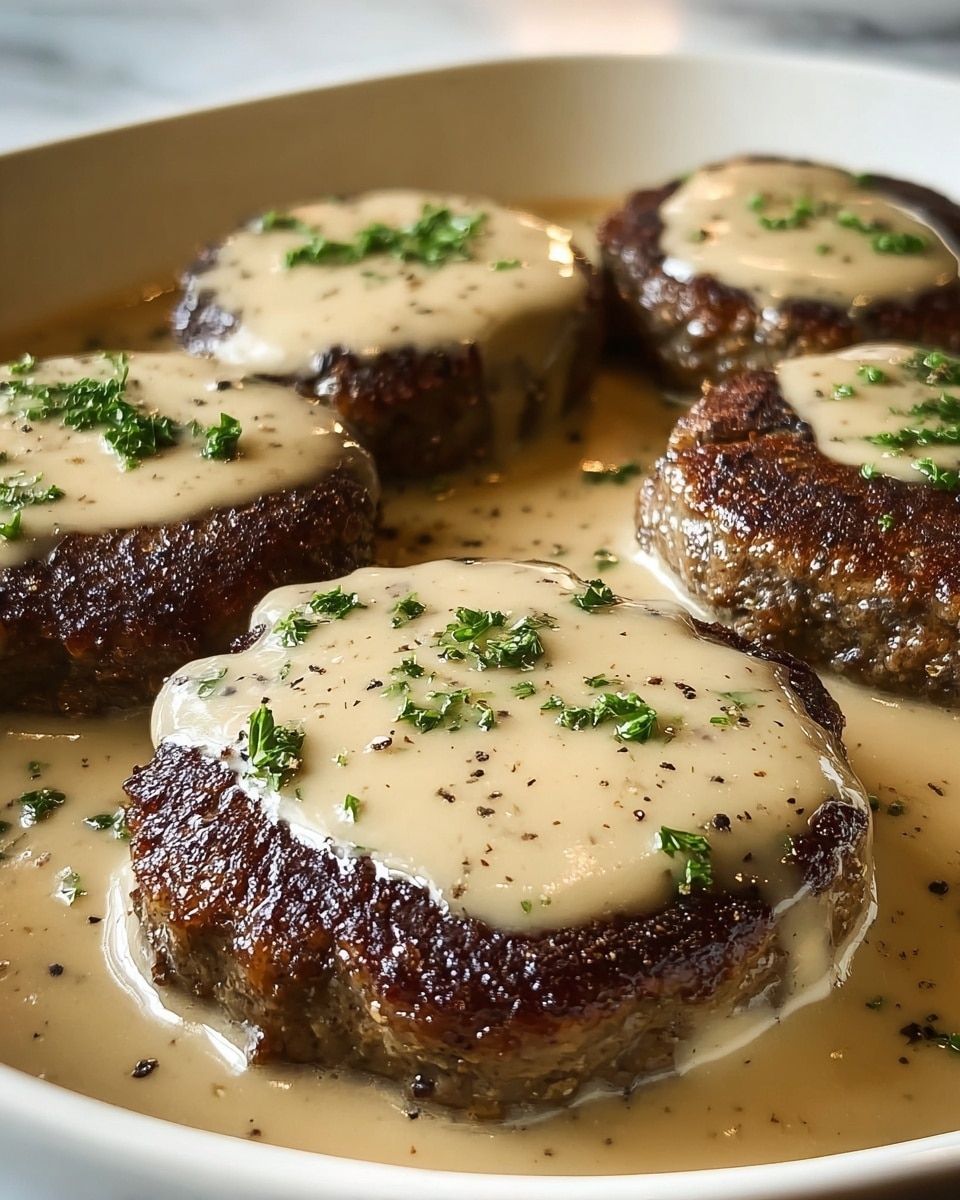 The image shows five thick, grilled meat patties arranged closely together in a white dish, each covered in a smooth, creamy beige gravy sauce. The patties have a browned, slightly crispy texture on the edges, creating a contrast with the velvety sauce that pools around and over them. Small sprinkles of chopped green herbs and ground black pepper are scattered on top of each patty, adding a touch of color and texture. The dish rests on a white marbled surface with soft, natural light highlighting the glossy shine of the gravy. photo taken with an iphone --ar 4:5 --v 7