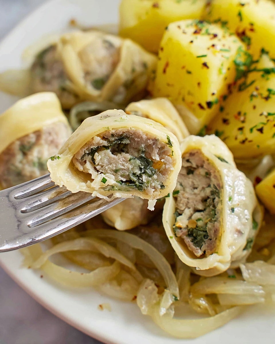 The image shows a white plate of stuffed pasta, cut open to reveal two layers inside: a thin, light beige pasta dough on the outside and a beige filling mixed with small green leafy bits inside. The pasta pieces rest on a bed of translucent, thinly sliced sautéed onions that have light brown edges. In the background, there is a portion of yellow, roughly chopped cooked potatoes seasoned with small green herbs and black pepper. A silver fork holds one stuffed pasta piece close to the camera, making the filling clear. The whole plate sits on a white marbled surface. photo taken with an iphone --ar 4:5 --v 7