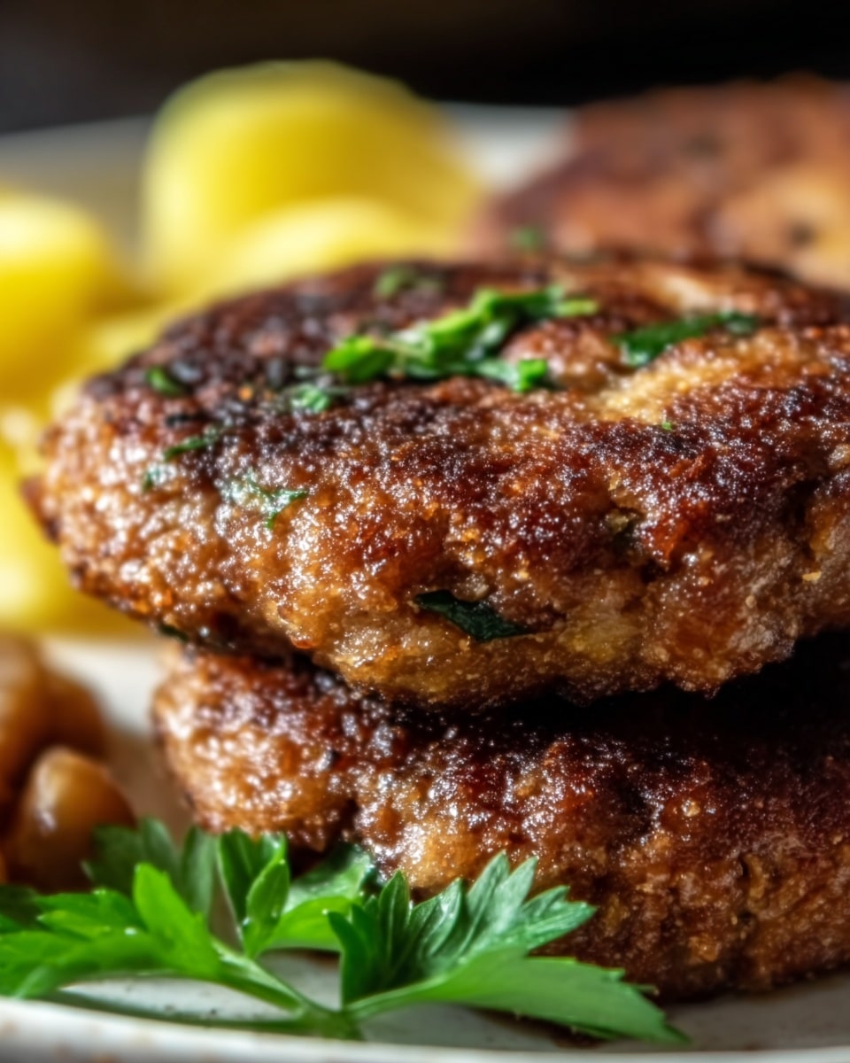 This close-up image shows two browned, crispy meat patties stacked on a white plate, each patty with a rough, crunchy texture and small bits of herbs on top, giving a slightly green accent. Behind the patties, small golden yellow potato slices and soft brown beans add warm color contrast. The surface is a white marbled texture with some fresh green parsley leaves in the front, adding a fresh touch. Photo taken with an iphone --ar 4:5 --v 7