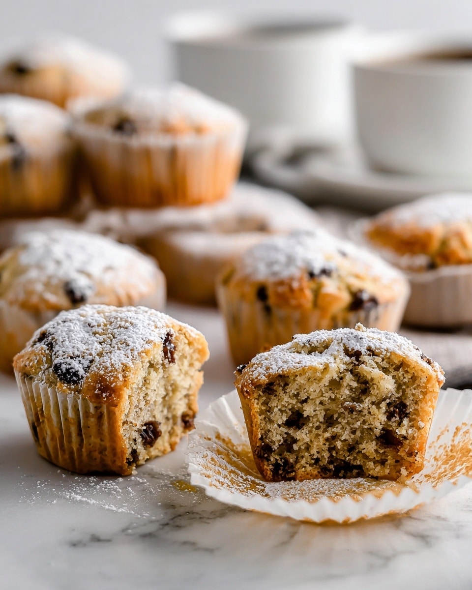 The image shows six muffins arranged on a white marbled surface: five whole muffins and one cut in half to reveal a soft, crumbly inside filled with dark raisins. Each muffin is topped lightly with powdered sugar, giving a white, powdery texture on the golden brown tops. The muffins sit in white paper liners, adding a crinkled texture around their bases. In the background, a white cup filled with black coffee and a white bowl with more muffins creates a cozy, warm feeling. Photo taken with an iphone --ar 4:5 --v 7