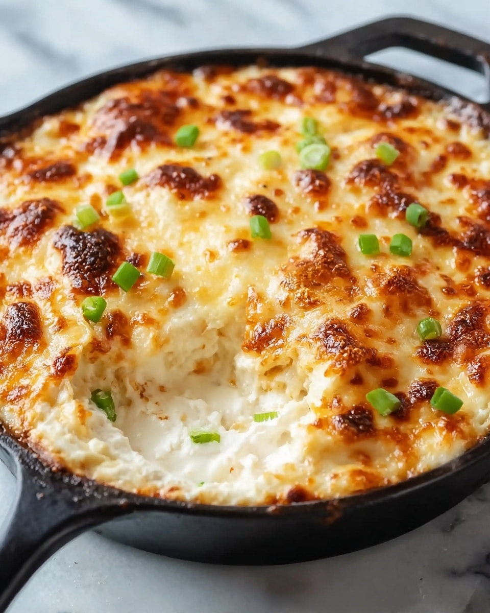 A black cast iron skillet holds a creamy baked dish with a bubbly, golden-brown top layer of melted cheese. The cheese layer is thick and uneven, with some spots darker and crispier. Beneath the cheese, there is a smooth, creamy white base visible where a portion has been scooped out. Small pieces of green chopped scallions are sprinkled on top, adding a fresh color contrast to the warm, cheesy surface. The skillet rests on a white marbled surface. photo taken with an iphone --ar 4:5 --v 7