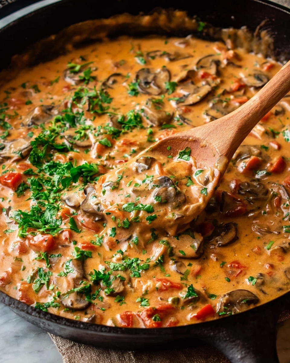A close-up view of a creamy mushroom sauce in a black cast iron skillet, with a wooden spoon lifting some of the sauce. The sauce shows several layers: a thick, orange-tan creamy base with visible slices of brown mushrooms and small chunks of red bell pepper dispersed throughout. On the surface, bright green chopped herbs are sprinkled, adding a touch of freshness and color contrast. The skillet rests on a rough beige cloth, all set on a white marbled textured background. photo taken with an iphone --ar 4:5 --v 7