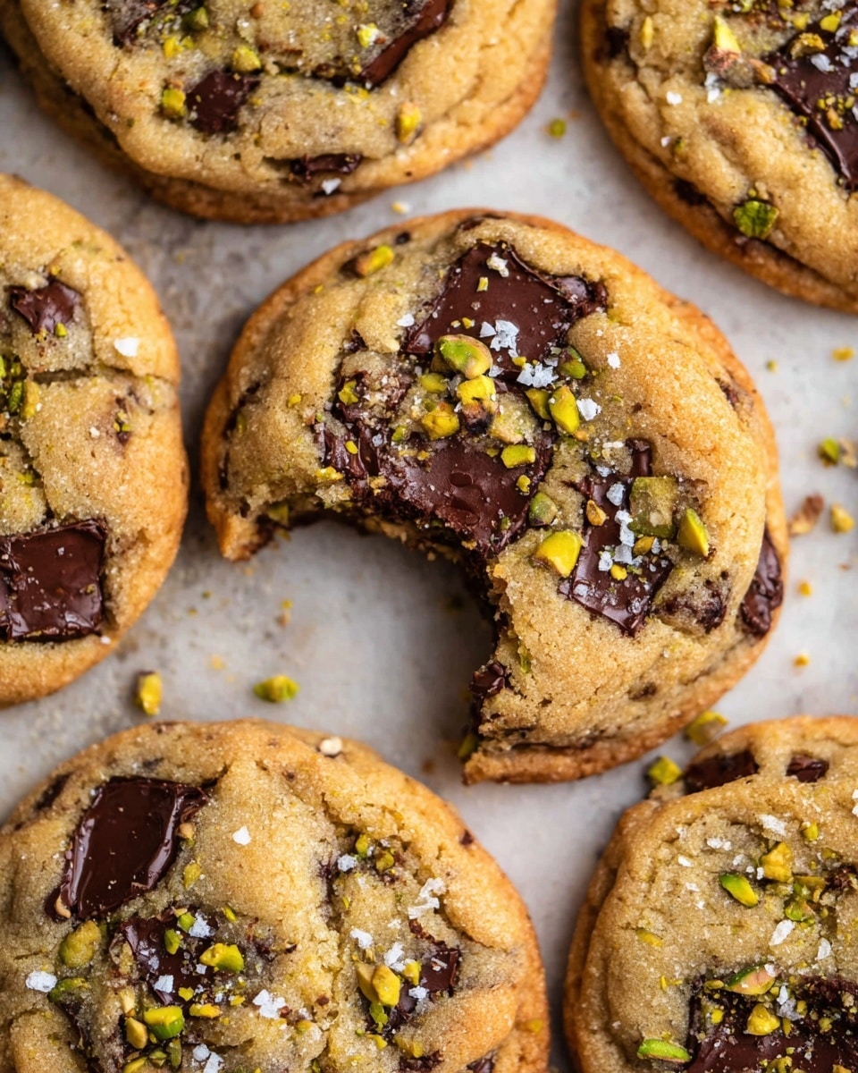 A close-up view of several round cookies arranged on a white marbled surface, each cookie displaying a golden-brown dough base with large, melted dark chocolate chunks embedded throughout. One cookie in the center has a bite taken out, revealing a soft and chewy interior. The tops of the cookies are sprinkled with small pieces of chopped green pistachios and coarse white sea salt, adding texture and color contrast to the warm tones of the baked dough and dark chocolate. photo taken with an iphone --ar 4:5 --v 7