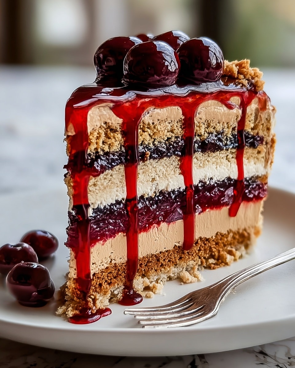 A slice of layered cake sits on a white plate with a small silver fork beside it. The cake has five visible layers, starting from the bottom with a crumbly light brown crust, topped by a deep red jelly layer. Above the jelly is a creamy light brown layer, followed by another jelly layer, then a final light brown creamy layer, all held together by another crumbly brown crust on top. Thick glossy dark red syrup drips from the top while several whole dark red berries rest on top of the cake. The background is softly blurred with a white marbled texture surface. Photo taken with an iphone --ar 4:5 --v 7