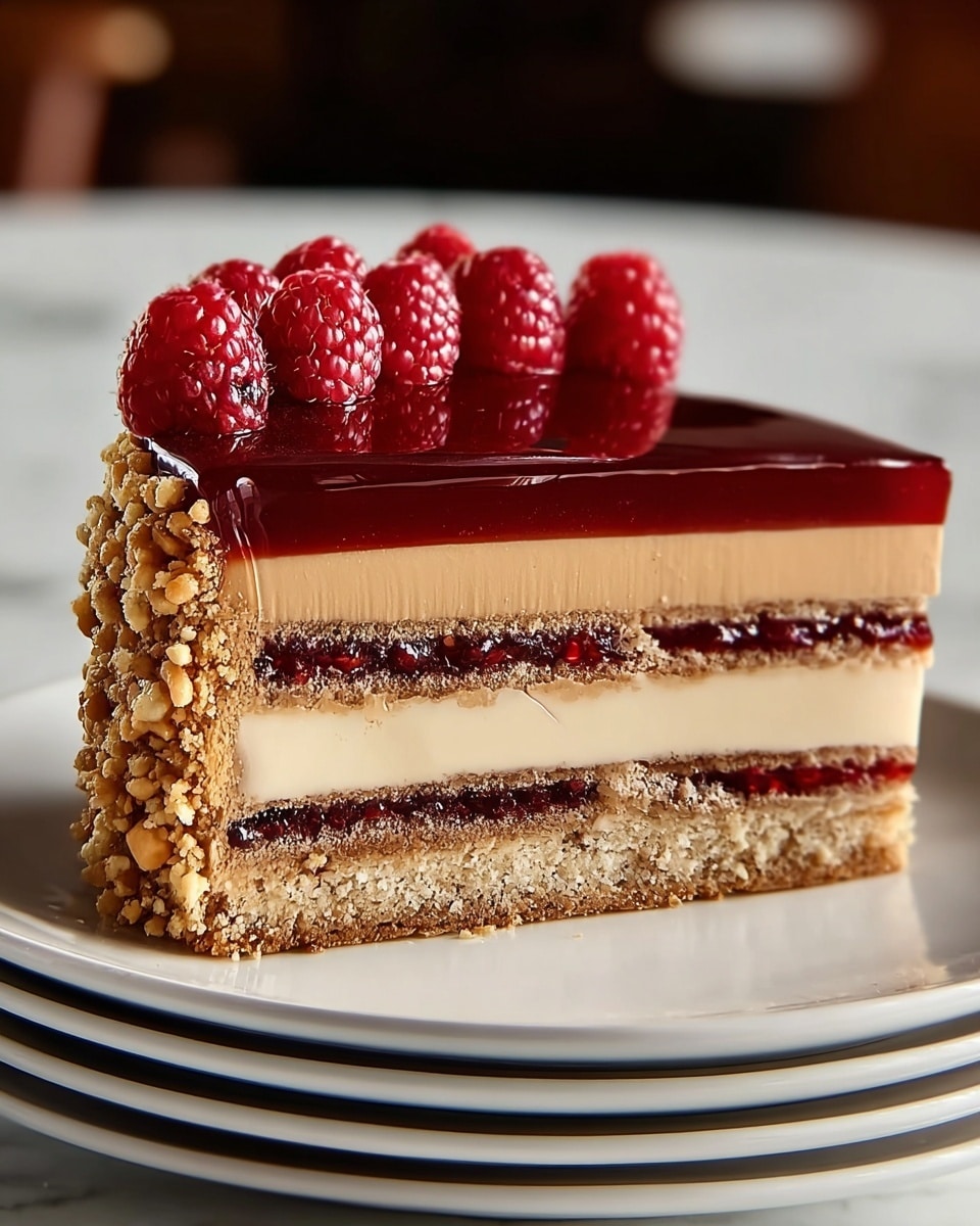 A slice of cake with six visible layers is shown on a white plate, placed on a stack of white plates with a white marbled texture surface underneath. The bottom layer is crumbly and light brown, resembling a cookie base. Above it is a thick creamy beige layer, followed by a thin layer of glossy dark red jelly. Next is another thick creamy beige layer similar to the one below. On top of this is a crumbly golden brown streusel layer. The top layer is a smooth, shiny dark red jelly layer, decorated with fresh round red raspberries that appear glossy and juicy. The side crust is light brown and smooth, holding the cake layers firmly. Photo taken with an iphone --ar 4:5 --v 7