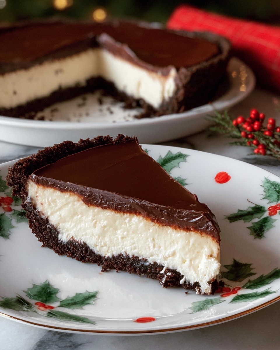 The image shows a slice of pie with three clear layers set on a white plate decorated with green leaves and red berries. The bottom layer is a dark brown, crumbly crust. The middle layer is thick, creamy, and white with a light, airy texture. The top layer is smooth, glossy dark chocolate, evenly spread and slightly thicker than the crust. In the background, the rest of the pie with a slice missing is visible, showing the same three layers. Both are on a white marbled surface. photo taken with an iphone --ar 4:5 --v 7