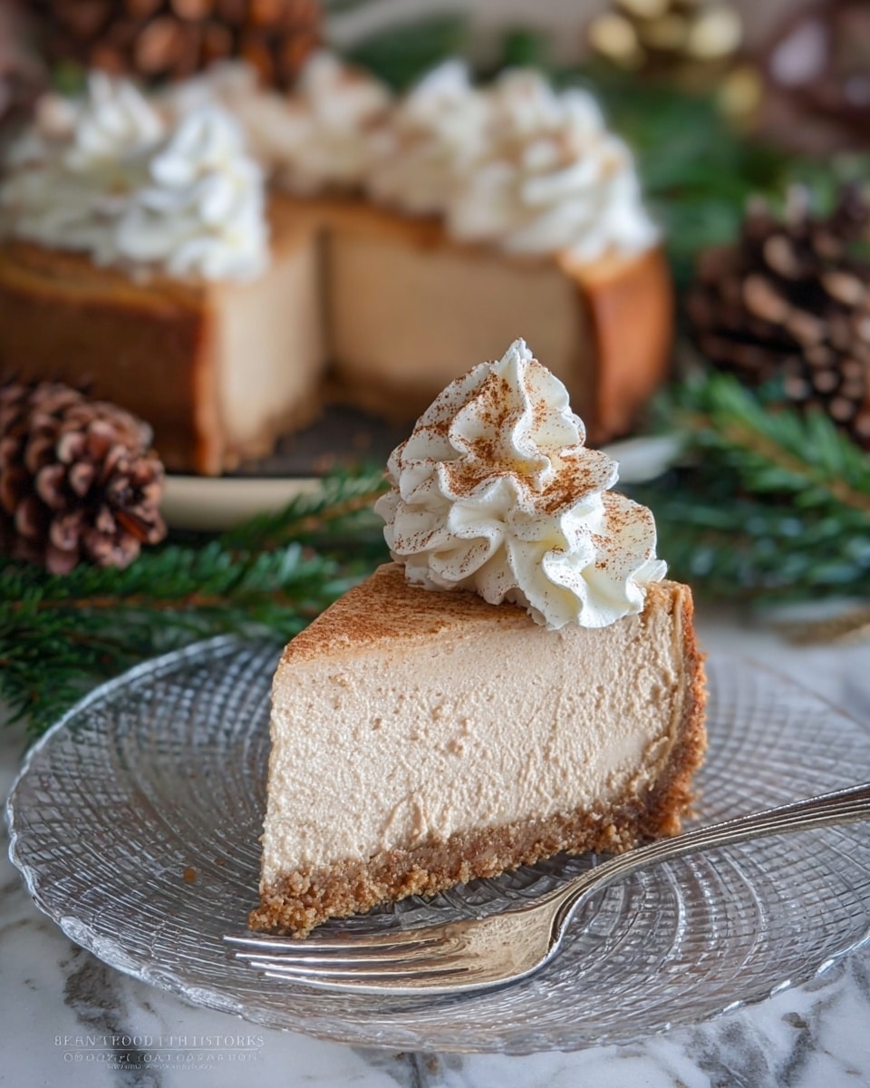A slice of light brown cheesecake with a smooth and creamy texture sits on a clear glass plate with a textured pattern. The cheesecake has two visible layers: a thick, dense pale brown filling stacked on a crumbly, darker brown crust. On top of the cheesecake is a generous swirl of white whipped cream sprinkled lightly with cinnamon powder. A silver fork rests on the plate in front of the slice. In the background, the rest of the cheesecake is out of focus, surrounded by green pine branches and brown pinecones, all set on a white marbled surface. Photo taken with an iphone --ar 4:5 --v 7