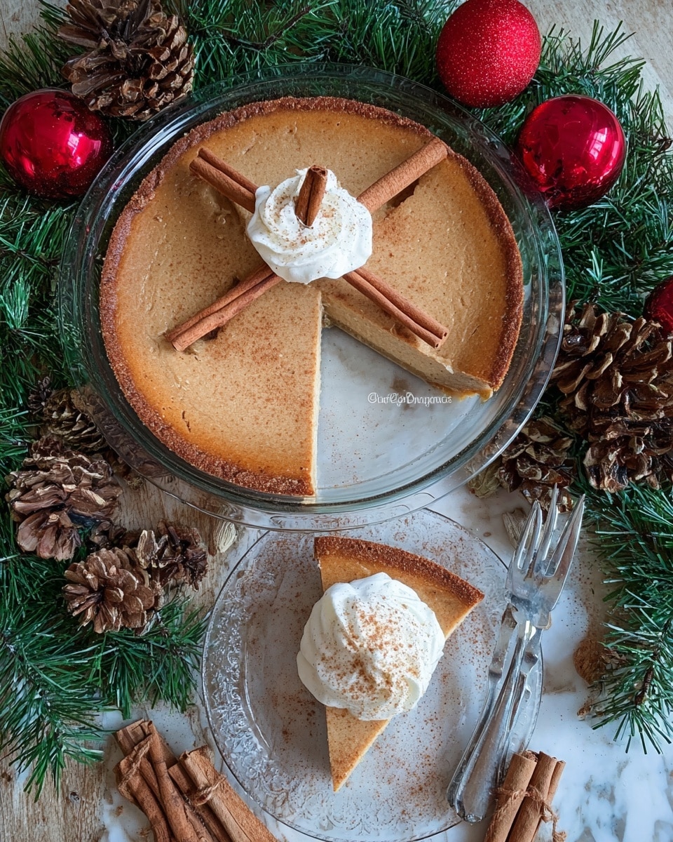 The image shows a round, single-layer pie with a smooth, light brown surface and a slightly darker crust around the edges, placed on a clear glass plate. Two cinnamon sticks form an X shape on top of the pie. A slice is cut out and placed on a smaller clear glass plate below, topped with a dollop of white whipped cream sprinkled lightly with brown spice and garnished with a small cinnamon stick. The setting includes green pine branches, large brown pine cones, and shiny red ornaments around the main plate, all on a white marbled surface. A silver fork rests nearby with two cinnamon sticks beneath it. Photo taken with an iphone --ar 4:5 --v 7