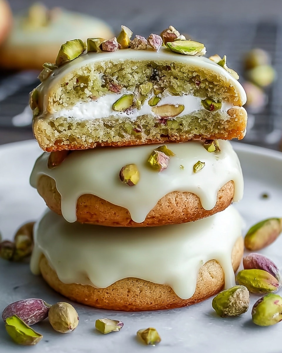 The image shows a stack of three round pistachio cookies with a creamy white glaze on top that drips slightly over the edges. The top cookie is cut in half, revealing a soft inside layer filled with white cream and chopped pistachio nuts embedded in a light green dough. Around the plate, there are scattered whole and chopped pistachios. The cookies rest on a white marbled textured surface, with the plate itself changed to white. photo taken with an iphone --ar 4:5 --v 7