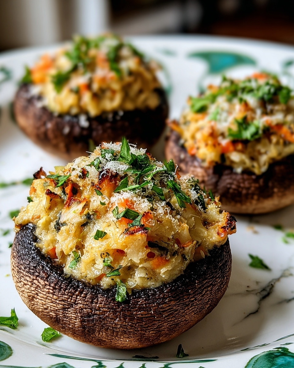 Three stuffed mushrooms sit on a white plate with green leaf designs on a white marbled surface. Each mushroom has a dark brown cap serving as a bowl, filled with a creamy, golden-brown mixture made of finely chopped ingredients, including bits of orange carrot and green herbs. The filling looks soft and slightly melted, topped with a sprinkle of finely grated cheese and fresh chopped parsley. The texture of the mushroom caps is slightly rough, showing their natural gills on the side. The mushrooms are well-lit, with a warm, inviting look. photo taken with an iphone --ar 4:5 --v 7