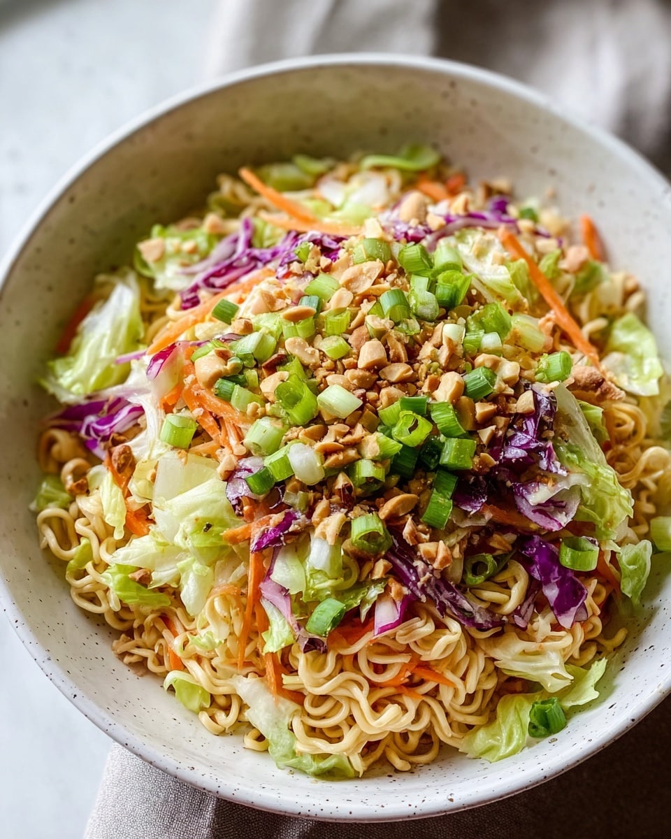 A bowl filled with layers of cooked curly noodles at the base, mixed with thin orange carrot strips and light green lettuce pieces scattered throughout. On top, there is a colorful mix of chopped green onions and small bits of purple cabbage, sprinkled with crushed peanuts adding a crunchy texture. The bowl itself is white with a subtle speckled pattern, placed on a white marbled surface with soft natural light coming from the side. The overall look is fresh and vibrant, showing a mix of soft and crunchy textures. photo taken with an iphone --ar 4:5 --v 7