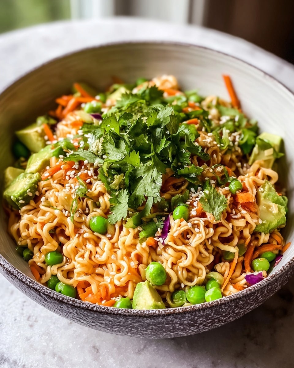 A bowl filled with three main layers: at the bottom, curly light brown cooked noodles; middle layer with mixed vegetables like bright green peas, thin orange carrot strips, and light green avocado slices; top layer garnished with fresh green cilantro leaves and white sesame seeds scattered over the noodles and vegetables. The bowl is white with a grayish textured outer wall, sitting on a white marbled textured surface, with soft natural light from a window in the background. photo taken with an iphone --ar 4:5 --v 7