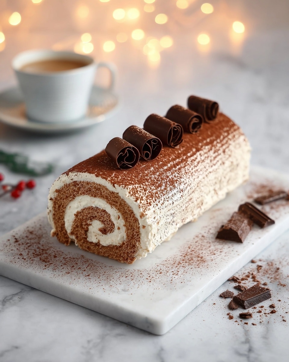 A rectangular rolled cake lies on a white marbled board, showcasing three visible layers: a light brown sponge cake spiraled with a creamy white filling. The entire cake is coated with a thin layer of white cream and dusted with cocoa powder on top and sides. On the top center, five dark chocolate curls are neatly placed in a row. Around the board, scattered pieces of chocolate and cocoa powder add contrast. In the background, a white cup filled with coffee sits on the same white marbled surface, with blurred warm fairy lights creating a soft, cozy glow. photo taken with an iphone --ar 4:5 --v 7