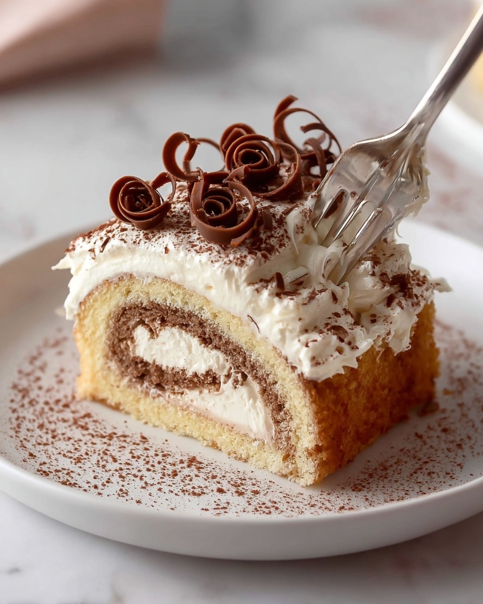 A slice of rolled cake sits on a white plate with a light dusting of cocoa powder around it, resting on a white marbled surface. The cake has three main layers: a bottom golden-brown sponge base, a thick middle swirl of soft cream mixed with light brown cake, and a top layer of smooth white cream dusted with cocoa powder. On top, there are delicate spirals of dark chocolate curls arranged neatly. A silver fork is cutting into the creamy top layer and soft swirled center of the cake. photo taken with an iphone --ar 4:5 --v 7