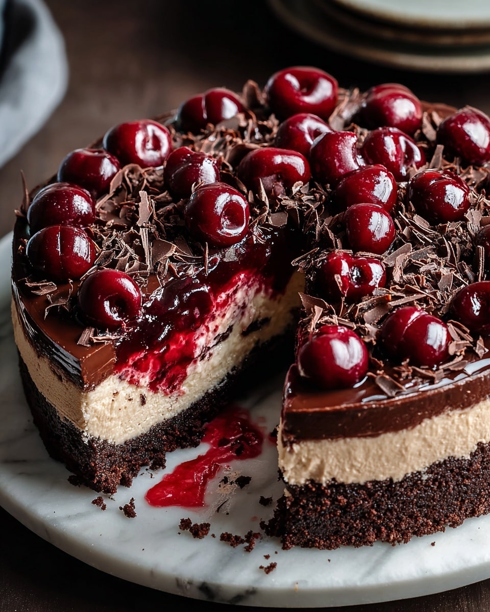 This image shows a round cake with four visible layers on a white marbled surface. The bottom layer is dark brown and crumbly like a cookie crust. Above it is a thick creamy light brown layer. Next is a thin, dark red cherry jelly layer with whole cherries inside, followed by a glossy dark chocolate layer on top. The top layer is decorated with rich red cherries scattered evenly, surrounded by small dark chocolate shavings. The cake has one slice taken out, showing the soft texture inside, with some red juice spilling onto the plate. Photo taken with an iphone --ar 4:5 --v 7