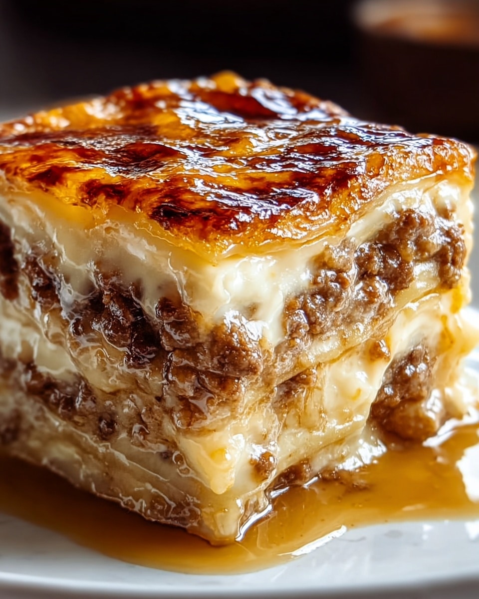 A close-up of a thick square piece of layered casserole sitting on a white plate with a white marbled background. The dish has three layers of golden browned, crispy top crust that looks shiny and slightly caramelized. Between the crust layers are two thick layers of creamy, cheesy sauce mixed with browned ground meat pieces that are well cooked and moist. The casserole is covered with a glistening brown sauce that pools slightly around the base, adding a rich look to the layers. The texture of the sauce is smooth and glossy with a warm, hearty appearance photo taken with an iphone --ar 4:5 --v 7