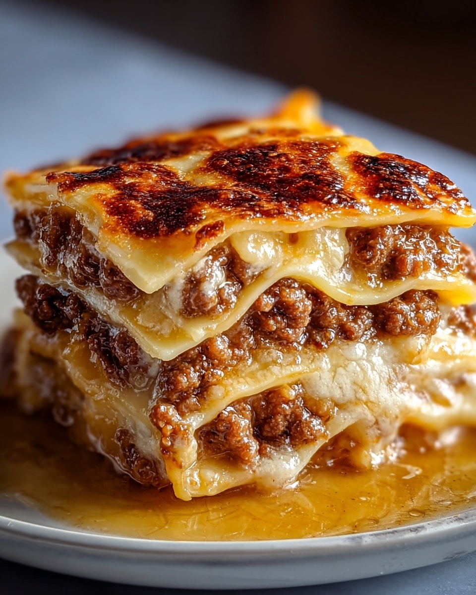 A close-up view of a three-layer lasagna square on a white plate, resting on a white marbled surface. Each layer consists of light yellow, creamy pasta sheets with a soft texture, alternating with thick, rich brown ground meat filling, visible in chunky bits between the layers. The lasagna is covered with a golden-brown bubbly and slightly crispy cheese crust on top, with melted cheese overlapping the sides and a glossy sauce pooling around the base, giving it a moist, appetizing look. Photo taken with an iphone --ar 4:5 --v 7