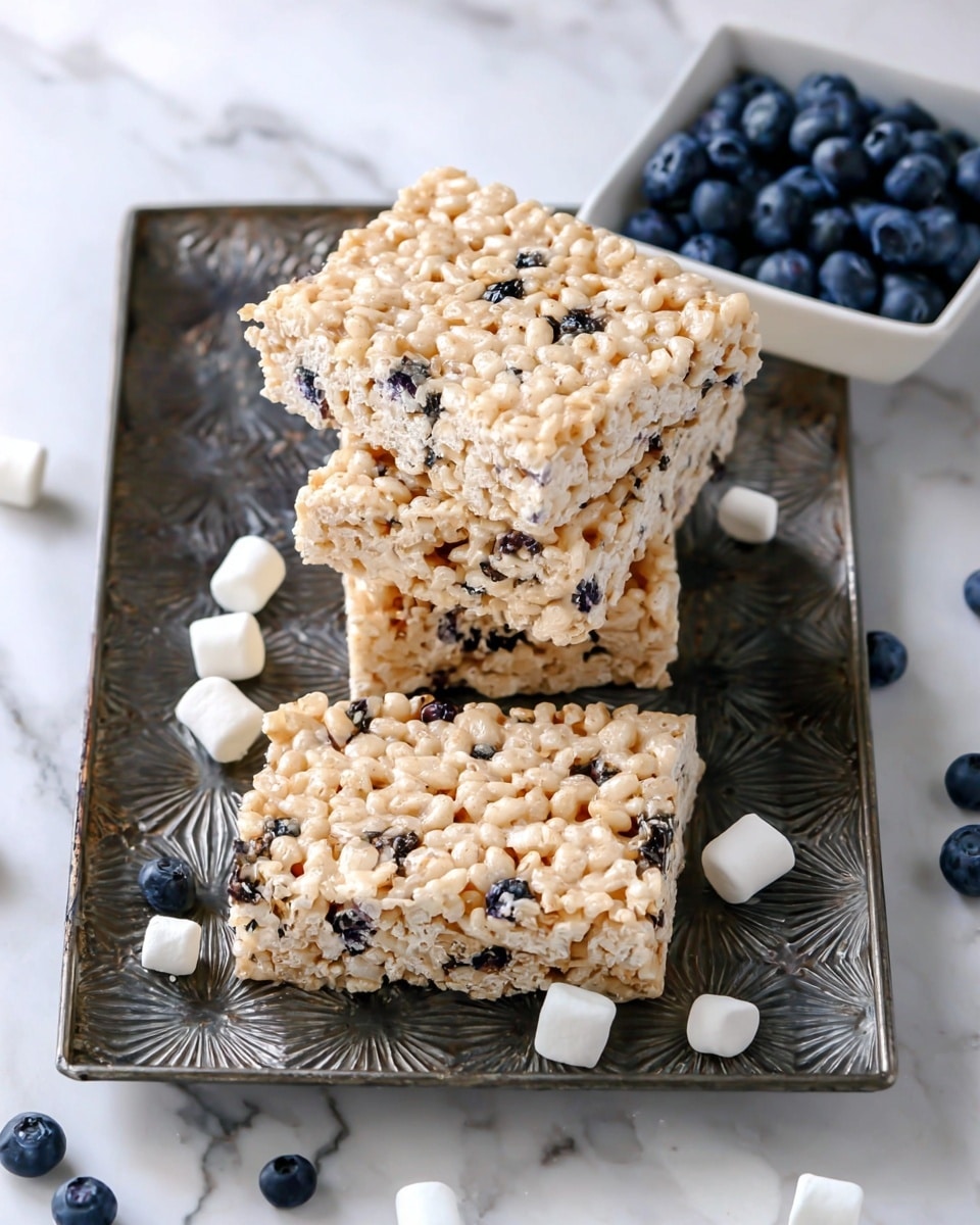 The image shows four square rice crispy treats stacked unevenly on a dark textured metal tray, each treat light tan in color with visible puffed rice and small dark blue bits, likely blueberries, mixed throughout. The tray is placed over a piece of printed paper on a white marbled surface. Around the treats, small white mini marshmallows and fresh blueberries are scattered. In the top right corner, a small white square bowl filled with more fresh blueberries is partially visible. The overall look is clean, with the contrast of the light treats, dark blueberries, and white marshmallows against the textured tray and marbled background. Photo taken with an iphone --ar 4:5 --v 7