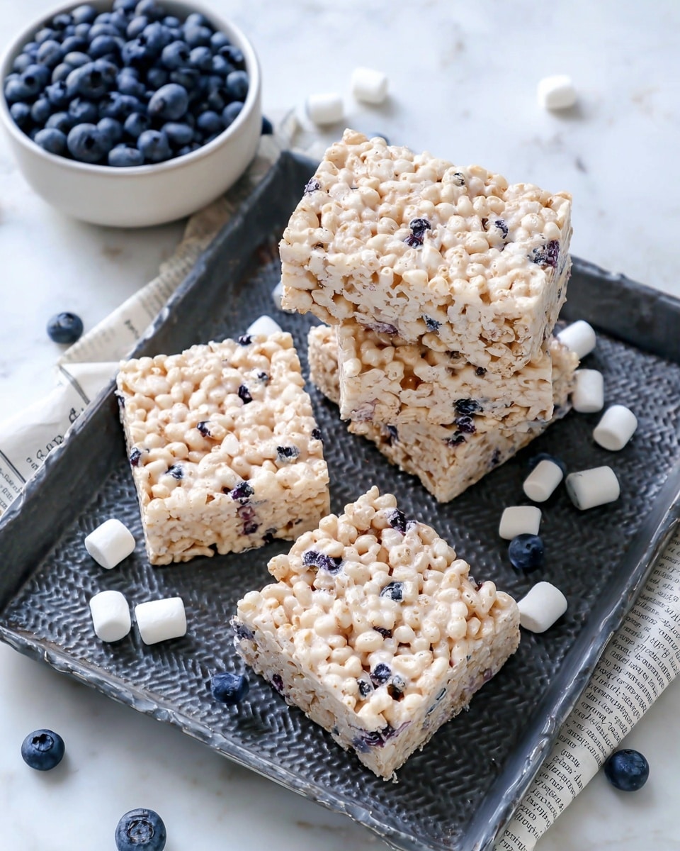 The image shows four square rice cereal treats stacked on a dark textured tray, each treat made of pale beige puffed rice with small dark blue bits mixed in. Around the treats are scattered small white marshmallows and a few fresh blueberries. In the top corner, there is a white bowl filled with more fresh blueberries, all set on a white marbled surface with a piece of newspaper under the tray. The treats have a shiny surface from melted marshmallow holding the rice together, and the overall composition looks fresh and neat. photo taken with an iphone --ar 4:5 --v 7
