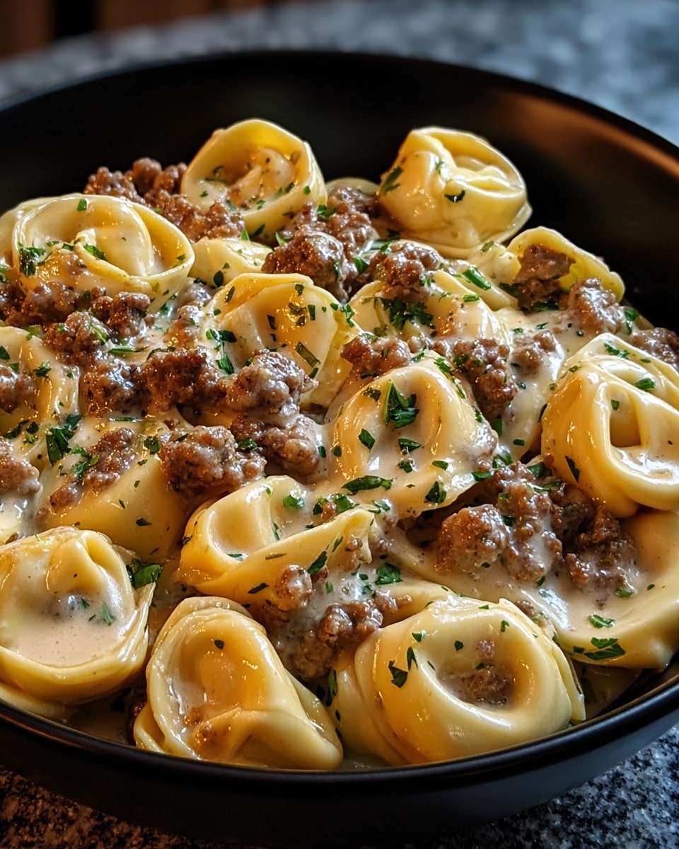 A close-up of a black bowl filled with tortellini pasta covered in a creamy light beige sauce. The tortellini are plump with a smooth, pale yellow dough, arranged tightly together. Mixed throughout are small chunks of browned ground meat with a slightly crumbly texture. The dish is garnished with small bits of fresh green herbs scattered on top. The creamy sauce glistens, coating both the pasta and meat, giving the dish a rich and hearty look, all on a white marbled surface. photo taken with an iphone --ar 4:5 --v 7