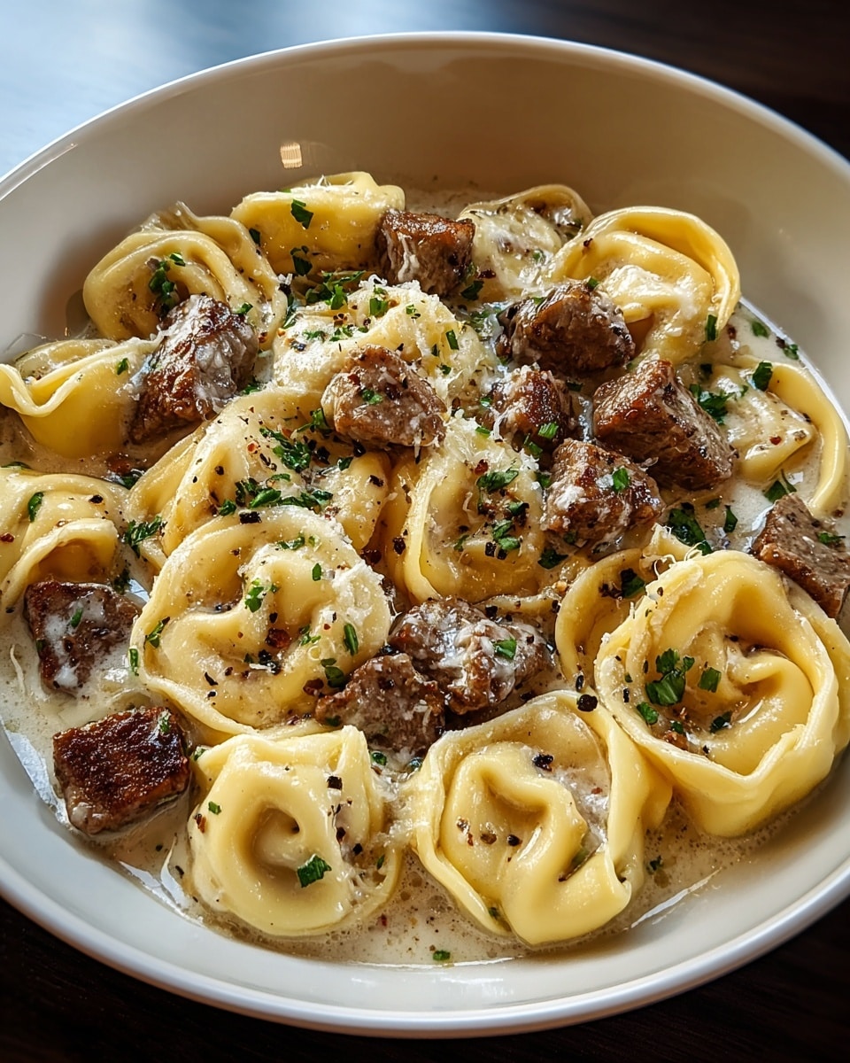 A deep white bowl holds a creamy pasta dish with about two layers of tortellini, each piece pale yellow and filled, arranged closely. Scattered generously on top and among the pasta are chunks of browned meat, adding a rich, hearty texture. The creamy sauce coats the pasta and meat, with a slightly glossy and smooth texture, light beige in color. Sprinkled finely over the dish are small bits of green herbs and a dusting of grated cheese, along with a few cracked black pepper flakes adding contrast. The bowl sits against a white marbled surface. photo taken with an iphone --ar 4:5 --v 7