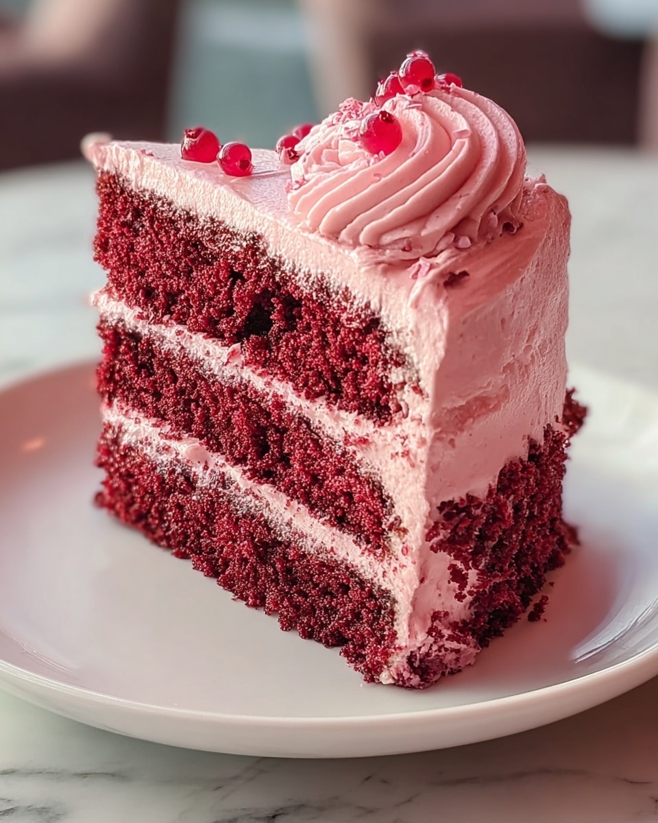 A slice of red velvet cake sits on a white plate with a white marbled texture underneath. The cake has two thick layers of moist, dark red sponge separated by a layer of smooth, light pink frosting. The top layer of the cake is covered with the same pink frosting, which is then topped with a swirl of the same frosting and decorated with small, shiny red berries. The texture of the cake looks soft and crumbly, contrasting with the creamy frosting. Photo taken with an iphone --ar 4:5 --v 7
