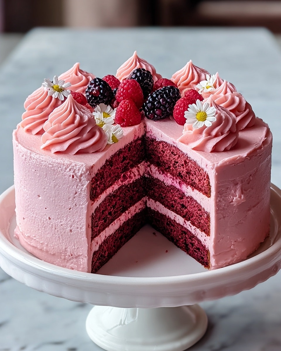 The image shows a round cake with three layers of dark red sponge separated by thick layers of smooth pink frosting. The outside of the cake is covered in the same pink frosting, which is textured with light swirls and ridges. On top, there are five swirled dollops of pink frosting evenly spaced around the edge, each topped with a fresh berry, alternating between red raspberries and dark blackberries. In the center of the top layer, there are small white flowers with yellow centers. The cake is placed on a white cake stand with a slightly scalloped edge and a pedestal base, set against a white marbled surface. A large slice is cut out, showing the clear divisions between the layers. photo taken with an iphone --ar 4:5 --v 7