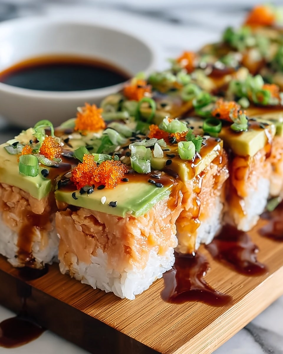 The image shows a close-up of several sushi pieces arranged neatly on a wooden board. Each piece has three visible layers: a bottom layer of sticky white rice, a middle layer of cooked salmon, and a top layer of thin avocado slices. The salmon is glazed with a dark, shiny sauce that drips slightly over the edges. The sushi is garnished with finely chopped green onions, black sesame seeds, and small bright orange fish roe, adding texture and color contrast. In the background, there is a white bowl filled with dark soy sauce, set on a white marbled surface. photo taken with an iphone --ar 4:5 --v 7