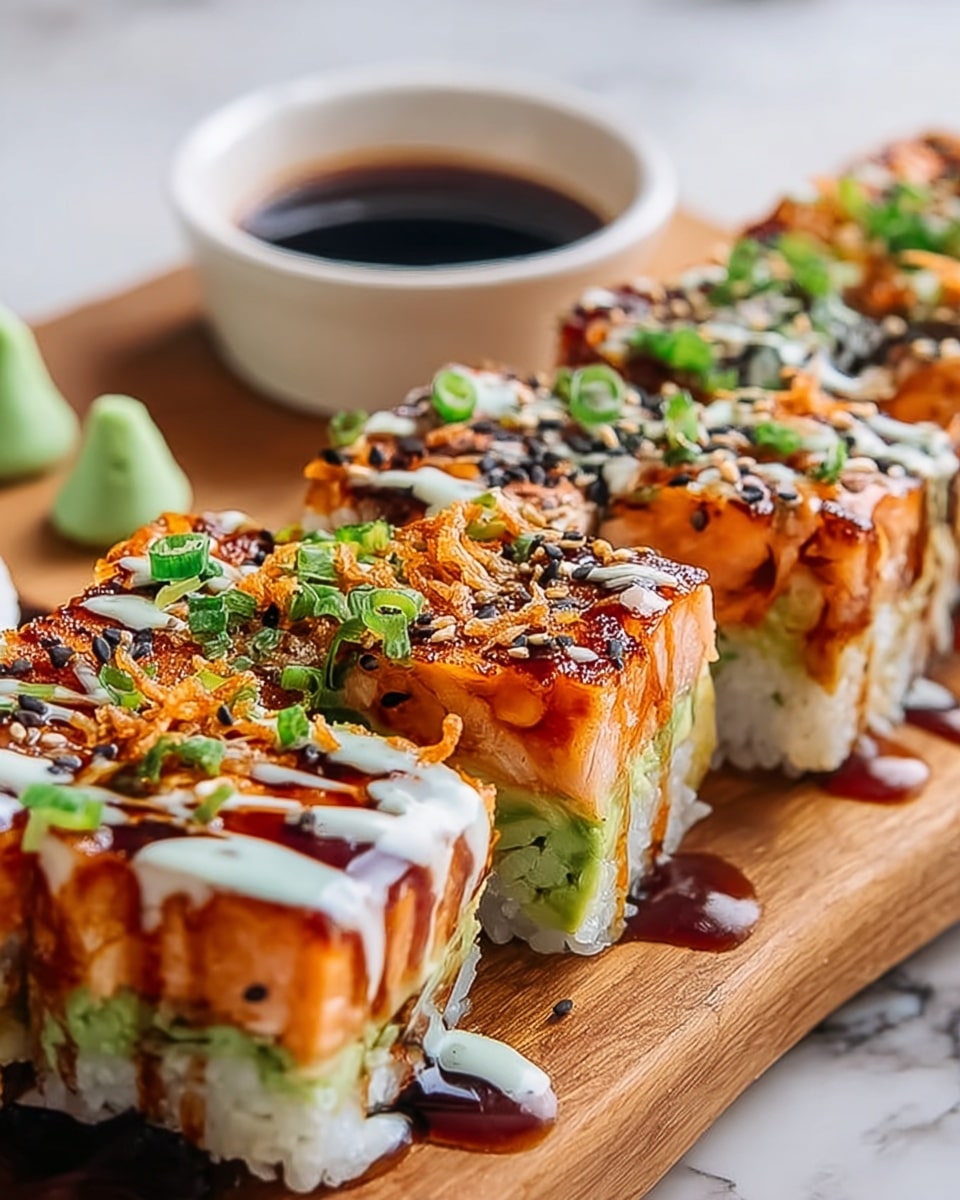 The image shows a close-up of square sushi pieces arranged in a row on a wooden board, each piece having three visible layers: a base layer of white rice, a middle layer of light green avocado or similar filling, and a top layer of bright orange seared fish, possibly salmon, which is lightly charred and textured. The sushi is topped with drizzles of white creamy sauce and dark soy-like sauce, sprinkled with black sesame seeds, green chopped scallions, and some crispy orange flakes. In the background, there is a small white bowl with dark soy sauce and dollops of light green wasabi on the board near the sushi, all set against a white marbled surface. photo taken with an iphone --ar 4:5 --v 7