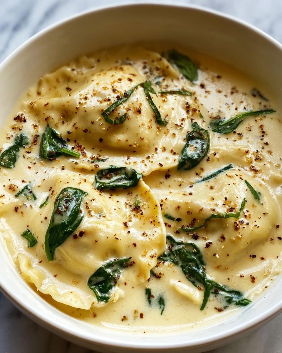 A close-up view of a white bowl filled with ravioli pasta in a creamy, thick sauce. The dish has three visible ravioli pieces, each covered in the pale yellow sauce that looks smooth and slightly glossy. Small green spinach leaves are scattered on and around the ravioli, adding a fresh contrast. The sauce is topped with a light sprinkle of black pepper and tiny brown toasted spots, giving a slightly textured look on the surface. The bowl sits on a white marbled surface. photo taken with an iphone --ar 4:5 --v 7