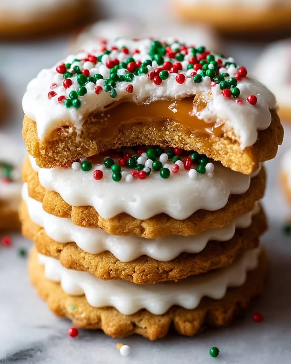 A close-up image of a stack of four round cookies with scalloped edges, each cookie layered with white frosting on top, creating a smooth and creamy texture. The top cookie has a bite taken out, revealing a gooey caramel layer beneath the frosting, sitting on a golden-brown, crumbly cookie base. On top of the white frosting of the bitten cookie are small round sprinkles in red, green, and white colors, scattered evenly. The stack is set against a white marbled texture that softly blurs in the background. photo taken with an iphone --ar 4:5 --v 7