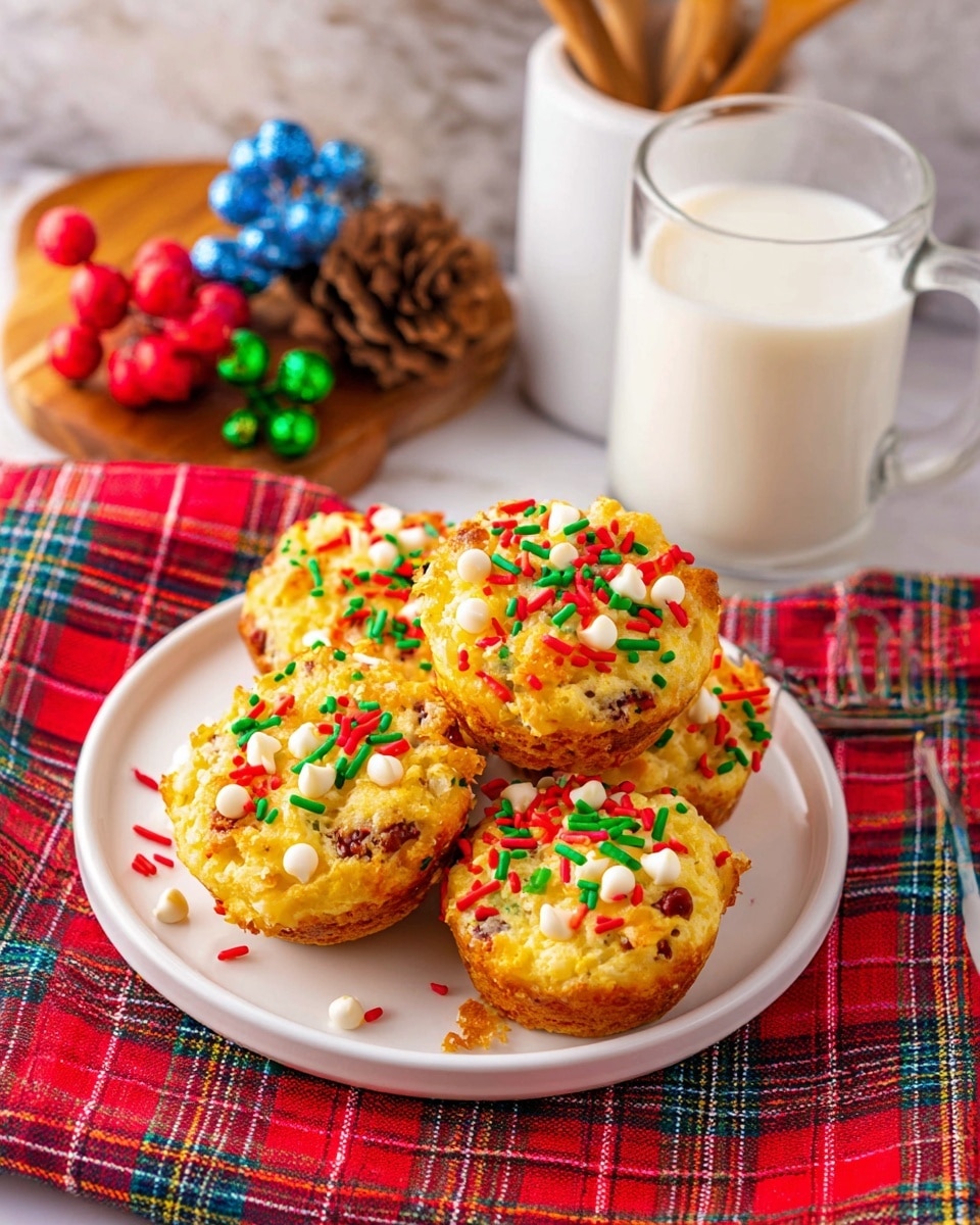 The image shows a white plate with four yellowish muffins, each topped with red, green, and white sprinkles, along with white and chocolate chips giving a colorful, festive look. The muffins have a slightly uneven, rough texture with sprinkled toppings scattered around the base of the plate. The plate is placed on a red tartan cloth that adds a cozy touch, set on a white marbled surface. Behind the plate, there is a clear glass mug filled with white milk and a white container holding wooden kitchen spoons, along with some colorful decorative berries nearby. photo taken with an iphone --ar 4:5 --v 7