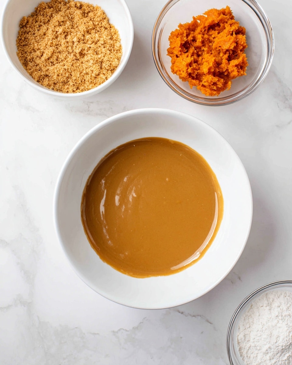 The image shows a white bowl filled with a smooth, thick, light brown liquid layer that looks creamy and evenly spread. Around the main bowl, there are three small containers: a white bowl filled with finely crushed light brown crumbs, a clear glass bowl holding a bright orange chunky paste, and another clear glass bowl with a fine white powder. The bowls are placed on a white marbled surface, giving a clean and bright look. photo taken with an iphone --ar 4:5 --v 7