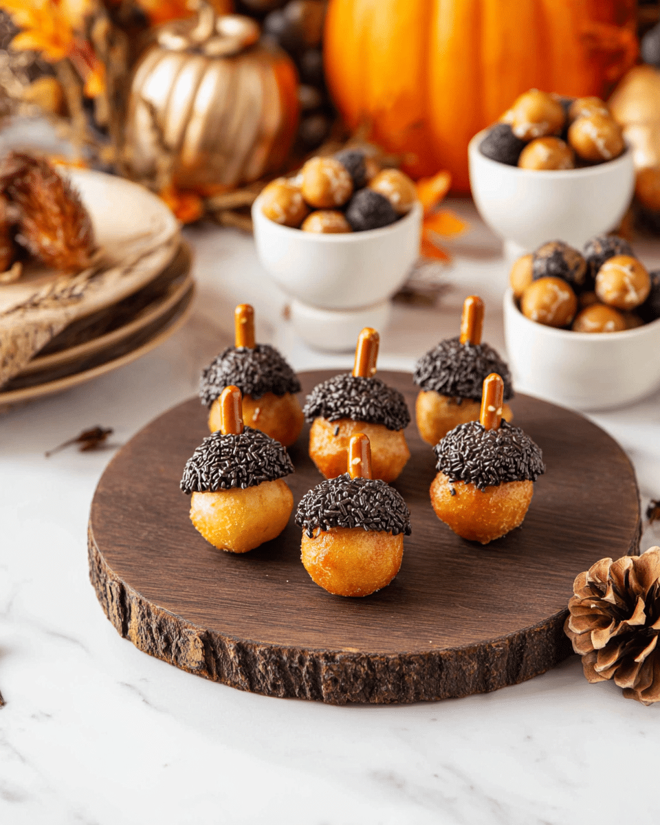 This image shows small round treats shaped like acorns on a dark wooden round board. Each treat has a shiny golden-brown base that looks like a fried dough ball, topped with a small layer of dark chocolate sprinkles covering the top part, resembling an acorn cap. A small pretzel stick is inserted into the top of each, acting as the stem of the acorn. Around the wooden board, there are small pine cones and acorns for decoration. In the background, white bowls with golden-brown balls and black chocolate sprinkles are placed on a white marbled surface, along with a small orange pumpkin and other autumn-themed décor. photo taken with an iphone --ar 4:5 --v 7