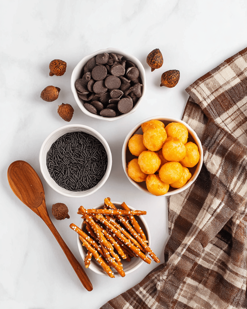 The image shows four small white bowls arranged on a white marbled surface, each filled with different snack items. The top right bowl contains seven golden-brown round cheese puffs with a shiny texture, closely packed together. Below it, the bottom right bowl holds crunchy pretzel sticks sprinkled lightly with salt, showing a smooth, tan surface with some salt grains visible. To the left, the top bowl is filled with dark brown chocolate chips, round and flat with slightly shiny surfaces, and some are scattered outside the bowl. Below it, a bowl contains small black cylindrical sprinkles with a matte finish, densely packed. A light brown wooden spoon with a smooth texture lies diagonally on the bottom left, and a brown and beige checkered cloth is folded and placed on the top right, partly covering the marbled surface. There are a few decorative brown acorns scattered around the bowls. photo taken with an iphone --ar 4:5 --v 7
