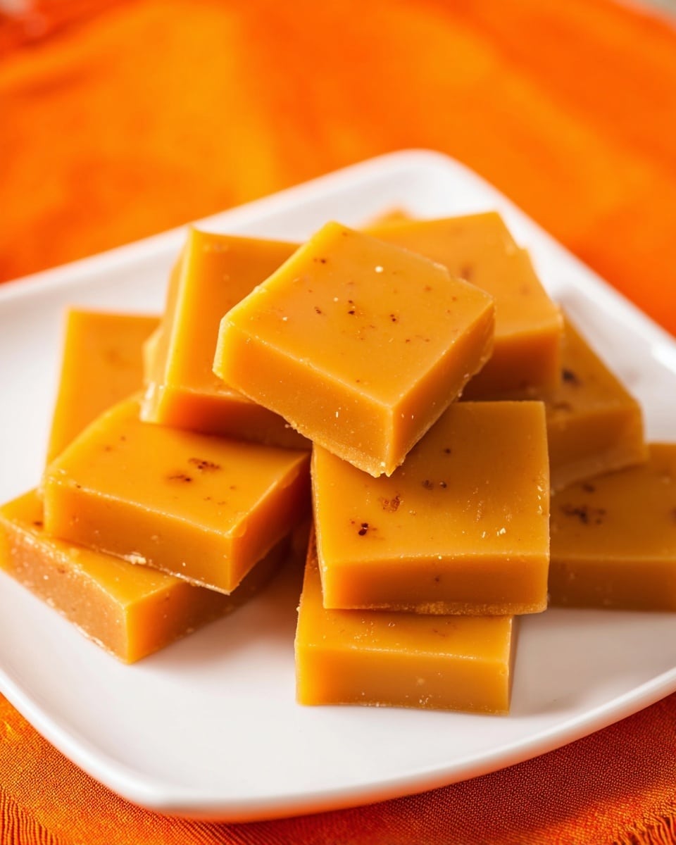 The image shows a white plate with a stack of smooth, glossy caramel-colored squares of candy or fudge. The squares have a soft, slightly sticky texture and are arranged unevenly on top of each other in two or three layers. The candies have a warm amber tone with tiny specks of darker brown scattered on the surface. The plate is set on a bright orange fabric, and the overall look is warm and inviting. Photo taken with an iphone --ar 4:5 --v 7