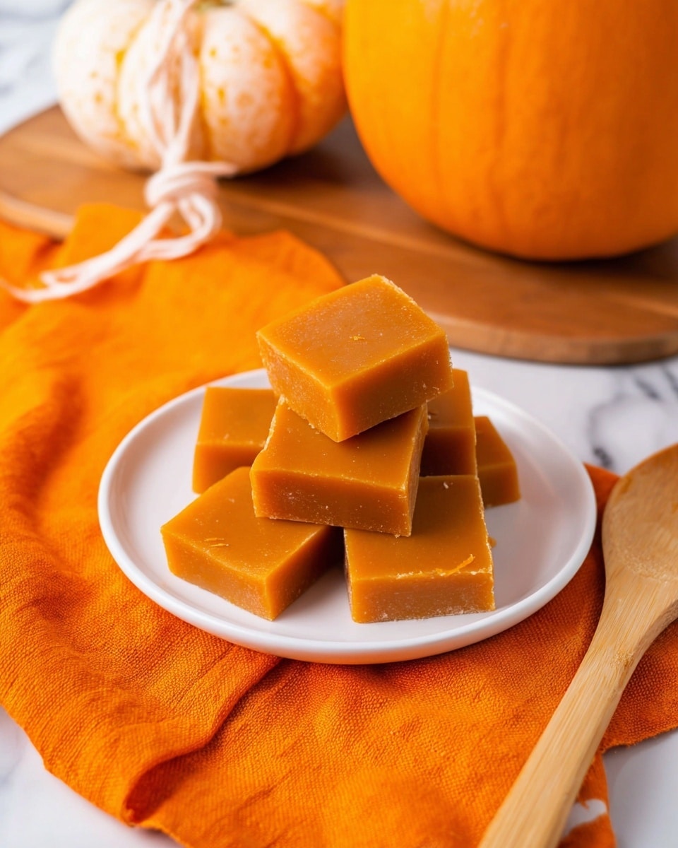 This image shows a stack of eight smooth, glossy, orange-brown squares of pumpkin fudge placed in the center of a white plate. The fudge pieces are neatly cut and stacked unevenly in two layers, with the top layer of four pieces slightly offset from the four pieces underneath. The plate is set on a bright orange cloth with a soft texture, adding a warm and cozy fall feeling. Behind the plate, a fuzzy orange pumpkin with a white string tied around it is partly visible, placed on a wooden surface. To the right side of the plate lies a wooden spoon. The whole scene sits on a white marbled surface. Photo taken with an iphone --ar 4:5 --v 7