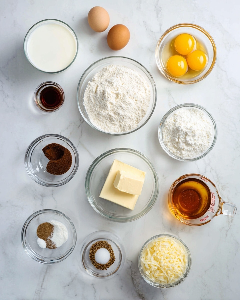 The image shows a top view of a white marbled surface with eleven clear glass bowls and one glass measuring cup arranged in a scattered pattern. Starting from the top left, there is a bowl filled with white milk, next to it on the right is a bowl with two raw yellow egg yolks in clear egg whites, followed by a small bowl containing a dark brown liquid, likely vanilla extract. Below the milk is a bowl filled with white flour, and next to the egg yolks and vanilla extract is a bowl with dark brown sugar. To the left bottom of the brown sugar is a small bowl with a mix of white and brown spices, while next to it on the right is a bowl containing white granulated sugar with a brown spice on top. In the center bottom is a bowl with a solid square of pale yellow butter. To the right of the butter is a glass measuring cup with a golden amber liquid inside, possibly syrup or honey. At the lower left side are two bowls, one with white powdered sugar and the other with golden brown granulated sugar. Finally, in the bottom right is a small bowl with pale yellow shredded butter or cheese. The clean, clear glass bowls and the white marbled surface create a bright and organized look. Photo taken with an iphone --ar 4:5 --v 7