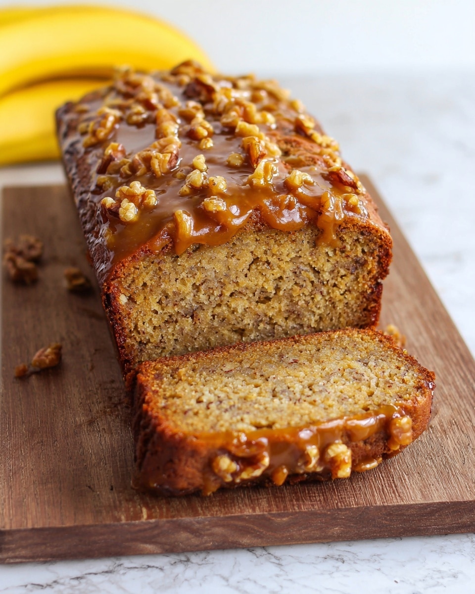 The image shows a loaf of banana bread placed on a wooden board on a white marbled texture. The loaf has been sliced once to reveal a soft, moist, golden-brown inside with specks of banana and nuts distributed evenly throughout. There is a thick layer of glossy, caramel-colored nut topping with chunks of walnuts spread thickly over the top of the loaf, slightly dripping down the sides. The background includes a blurred yellow banana on the white marbled surface. photo taken with an iphone --ar 4:5 --v 7