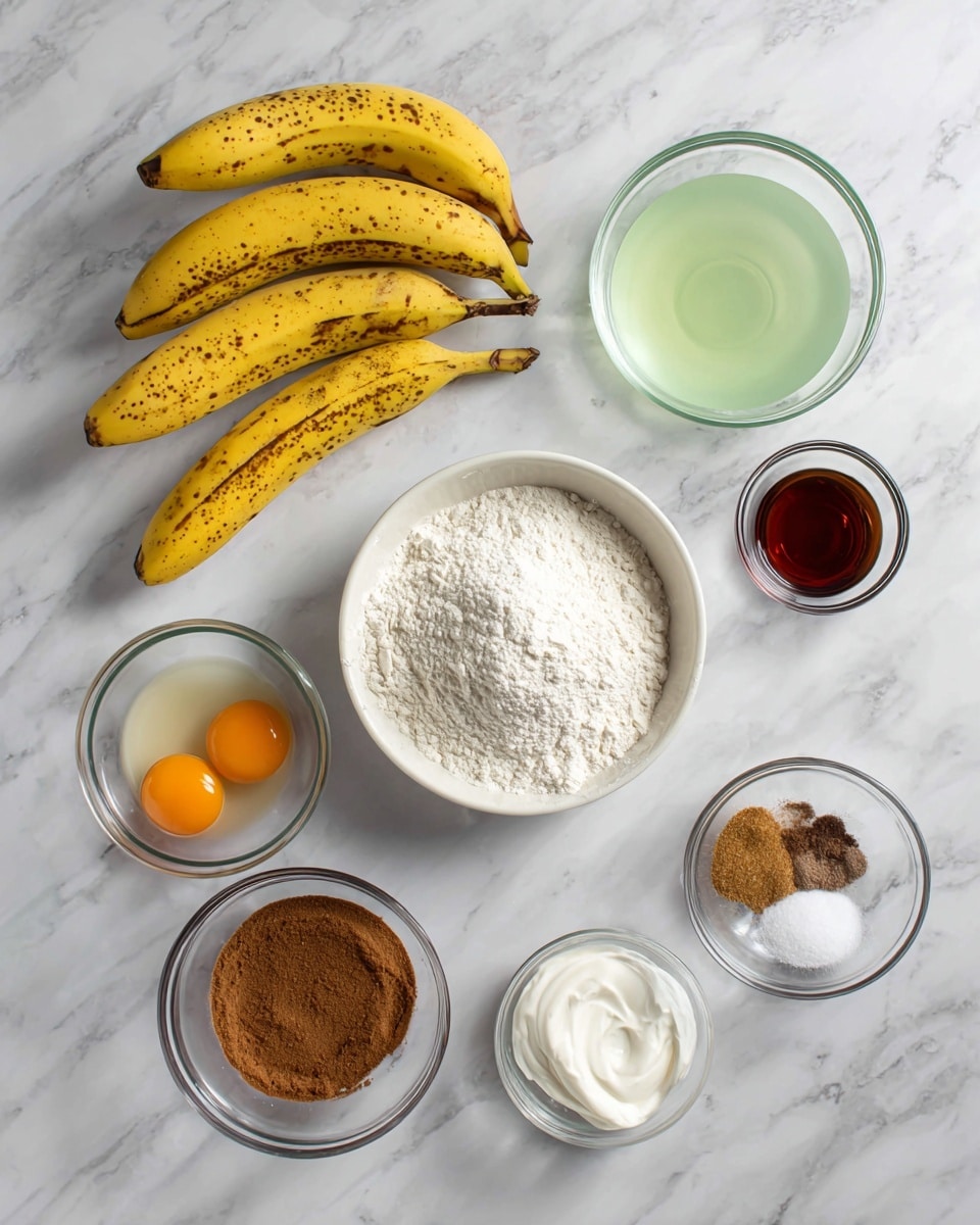 The image shows various baking ingredients arranged neatly on a white marbled surface. At the center is a white bowl filled with white flour. To the left are four yellow bananas with brown spots resting directly on the surface. Surrounding the flour bowl are smaller clear glass bowls: one with a light green liquid, one with two raw eggs showing bright orange yolks, one with a dark brown liquid, one with thick white cream, one with brown sugar, and one with a mix of white powder, ground cinnamon, and salt. The ingredients are spaced evenly, creating a clean and organized layout. photo taken with an iphone --ar 4:5 --v 7