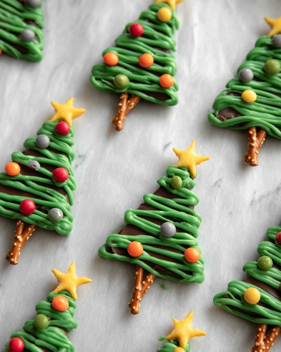 The image shows several Christmas tree-shaped treats made from green melted chocolate piped in loops and lines on light brown pretzel sticks, placed on white parchment paper over a white marbled surface. Each tree has a triangular shape with a yellow star candy on top as the tree topper and round colorful candies in red, green, orange, and gray decorating the branches. The green chocolate has a shiny and smooth texture with visible layers on the pretzel stick base, creating a festive holiday snack. Photo taken with an iphone --ar 4:5 --v 7