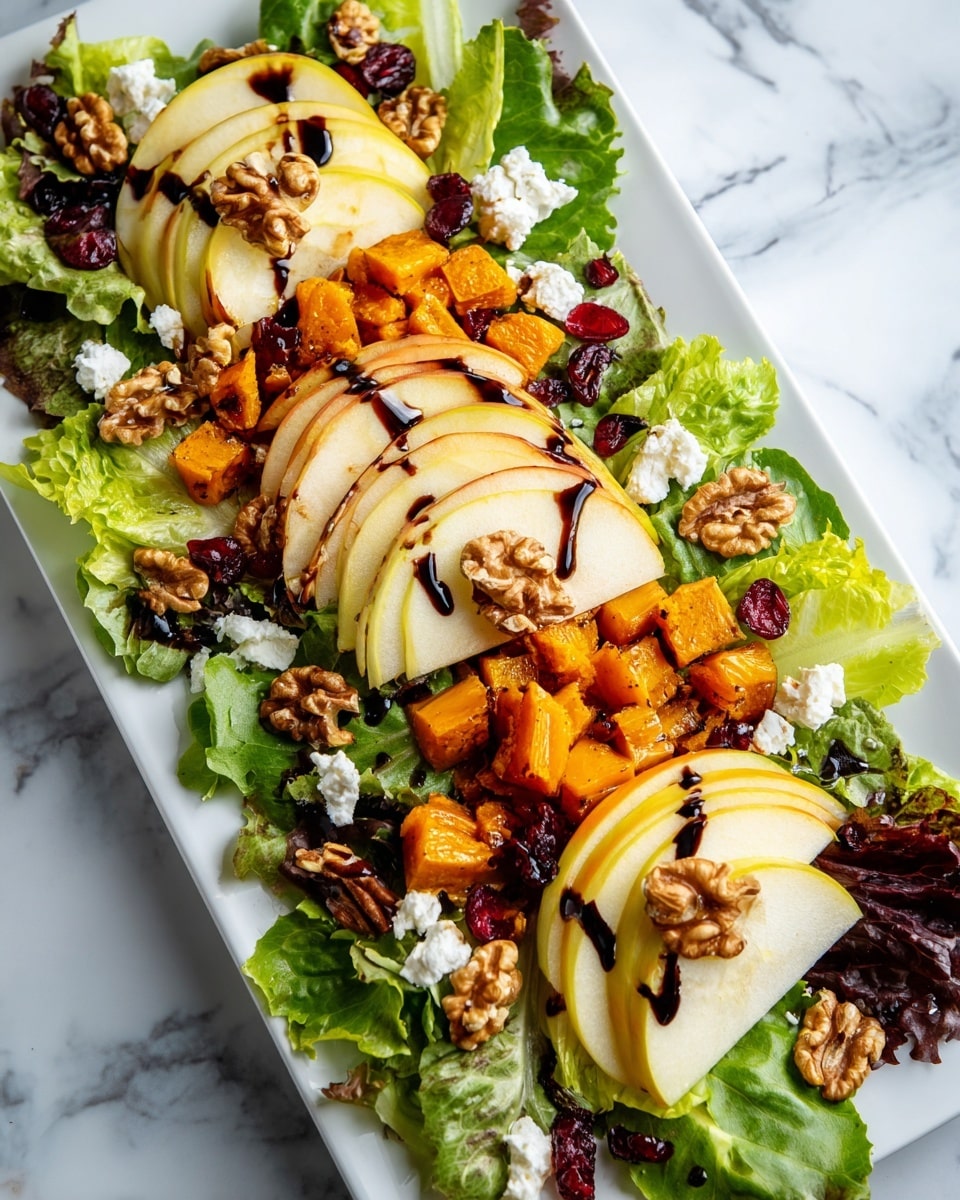 A white rectangular plate holds a colorful layered salad on a white marbled surface. The base layer is fresh green leafy lettuce with various shades of green and a soft texture. On top, there are slices of pale yellow and red apple pieces arranged evenly. Bright orange roasted squash chunks form the next layer, adding warmth and color. Scattered among these are whole walnuts with a natural brown color and rough texture. Small dollops of soft white goat cheese are spread throughout, contrasting with the vibrant colors. Dried cranberries with a deep red, slightly shiny appearance are sprinkled to add pops of color. The entire dish is lightly drizzled with a glossy dark balsamic glaze. Photo taken with an iphone --ar 4:5 --v 7