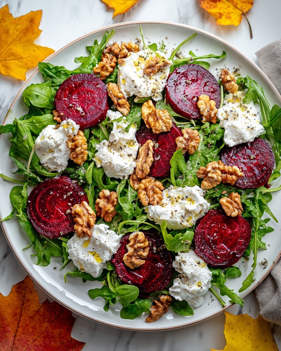 A white plate holds a fresh salad with three main layers: the bottom layer is a bed of bright green arugula leaves with smooth textures, the middle layer consists of round, deep red beet slices evenly spread across the greens, and the top layer features dollops of soft, crumbly white cheese and scattered golden-brown walnut pieces. A light drizzle of olive oil and a sprinkle of black pepper add shine and speckled texture on top. The plate is set on a white marbled surface with yellow and orange autumn leaves around it, adding warm tones to the scene. Photo taken with an iphone --ar 4:5 --v 7