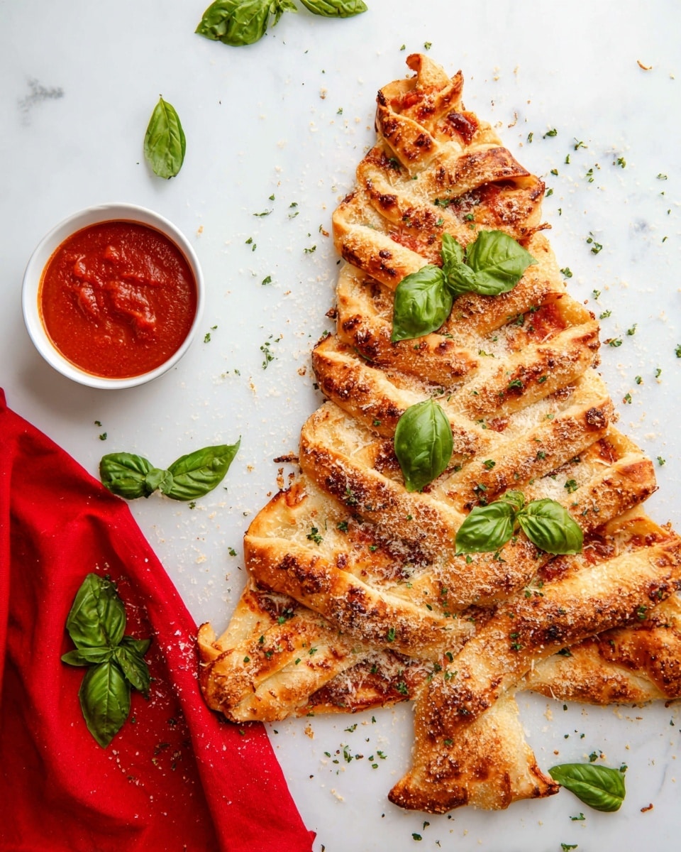 The image shows a Christmas tree-shaped pizza with a golden brown baked crust. It has twisted layers around the edges with visible reddish tomato sauce peeking through, topped with a light sprinkle of grated cheese and herbs. Bright green fresh basil leaves are placed on top and around the pizza, enhancing its festive look. Nearby, a small white bowl filled with red marinara sauce is visible, and a bright red cloth with a few basil leaves is seen on the white marbled surface, adding color contrast. Photo taken with an iphone --ar 4:5 --v 7