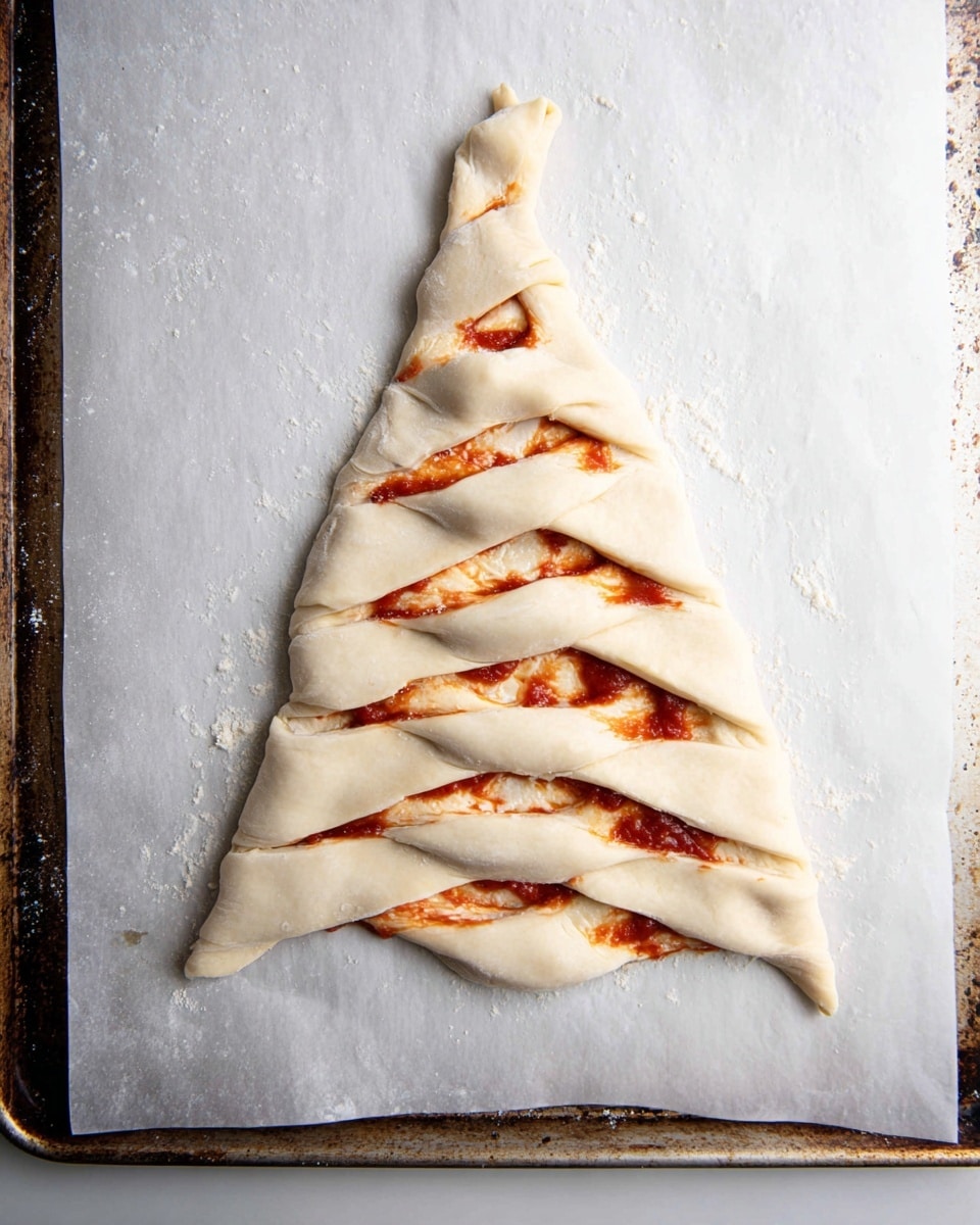 The image shows an unbaked pastry shaped like a Christmas tree on white parchment paper, placed on a metal baking tray with some dark spots and wear marks. The pastry has multiple layers, with a smooth dough layer on top and a red filling layer beneath that looks like tomato sauce mixed with some cheese. The dough layers are twisted outward in several sections along the sides, creating the shape of tree branches. The red filling peeks through the twisted dough, giving a contrast between the white dough and red filling. The top of the pastry narrows to a point like the tip of a tree. The white marbled texture is not visible here, as the background is just the baking tray. photo taken with an iphone --ar 4:5 --v 7