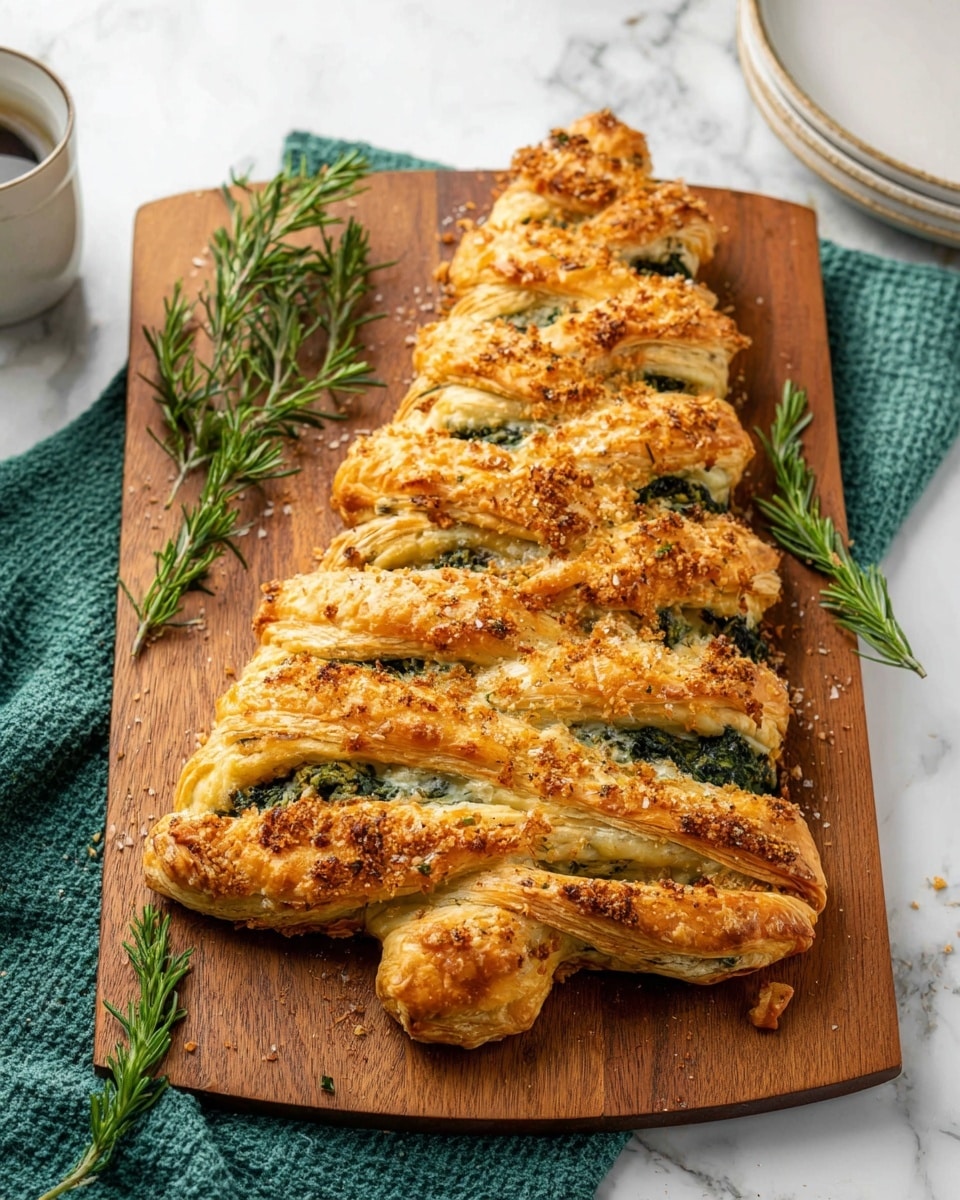 A golden brown pastry shaped like a Christmas tree sits on a wooden board, with several twisted sections along the sides revealing green spinach and creamy filling inside, giving a layered look of crispy flaky dough and soft inner filling; the pastry has a slightly uneven but crispy texture on top, sprinkled with some seasoning. Around the edges are green rosemary sprigs placed on the board, and a green textured cloth is partly visible in the background, all on a white marbled surface with a white round plate partly visible at the bottom. photo taken with an iphone --ar 4:5 --v 7